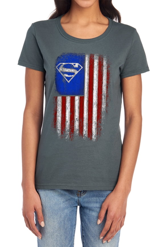 Superman Old Glory Shield Women's T Shirt, Charcoal, Large