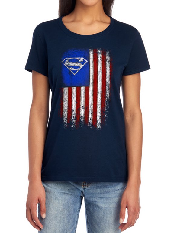 Superman Old Glory Shield Women's T Shirt, Navy, Medium