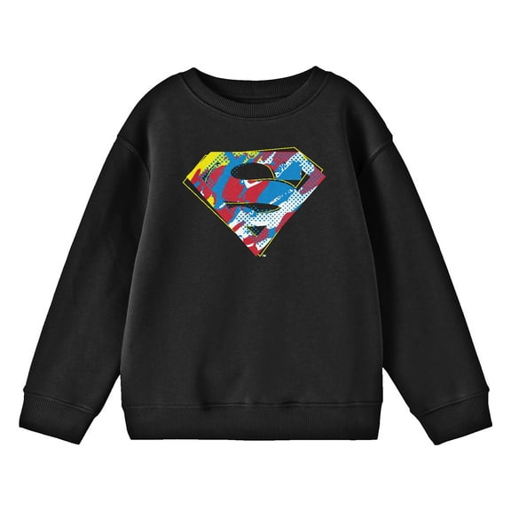 Superman Paint Splatter Logo Crew Neck Long Sleeve Boy's Black Sweatshirt-Medium
