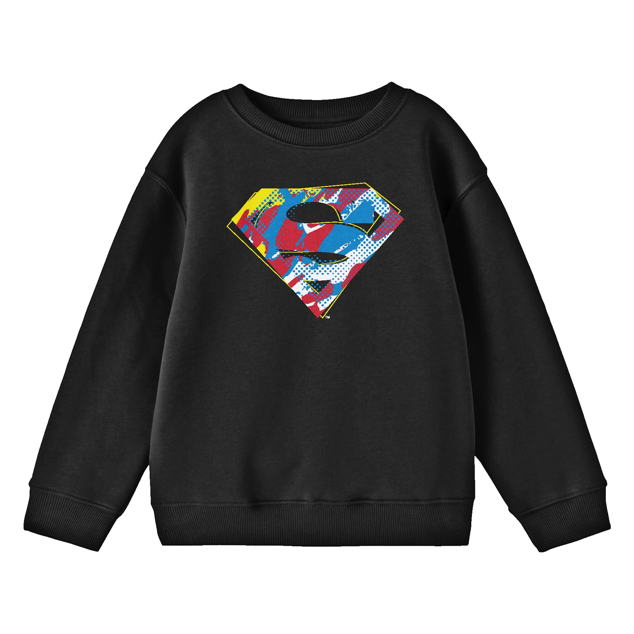 Superman Paint Splatter Logo Crew Neck Long Sleeve Boy's Black ...