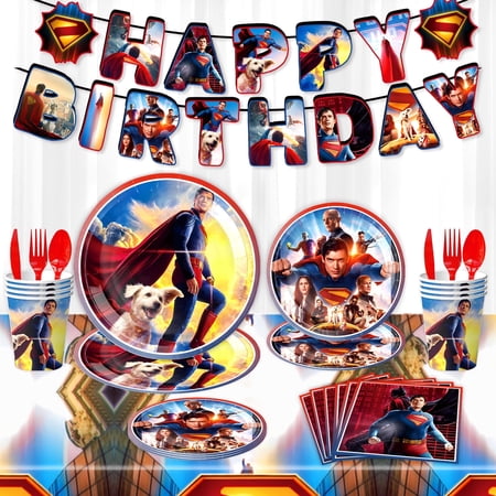 Superman Party Decorations, Superman Birthday Decorations & Superman Party Tableware Set- Superman Decorations Banner & Superman Tablecloth Plates Cups Napkins etc