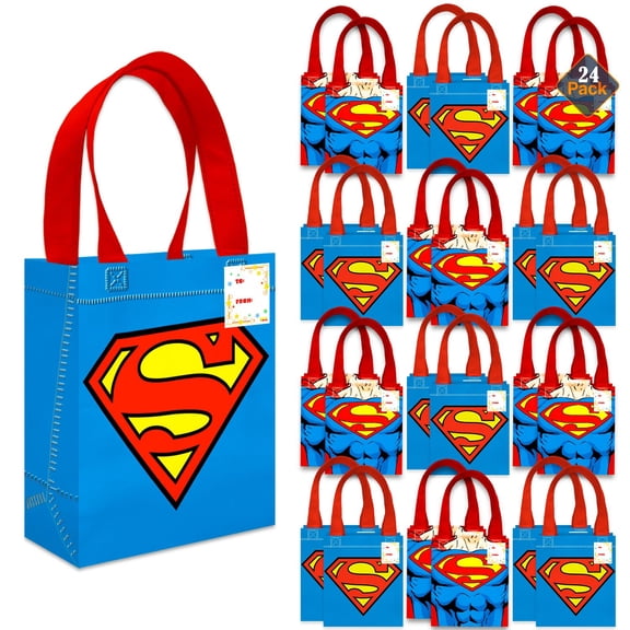 Superman Party Favor Bags Set  24 Pack 8" Superhero Goodie Bags for Kids Bulk Reusable Mini Totes | Superman Birthday Party Supplies