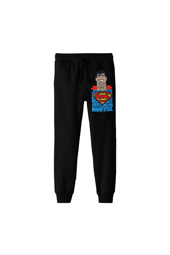 Superman Portrait Text Art Boy's Black Jogger Pants-Medium