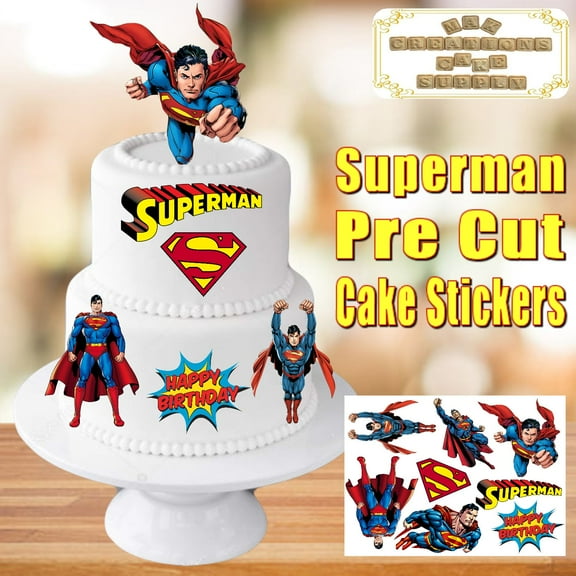 Superman Pre Cut Edible Cake Stickers ~ Superman Birthday Theme Cake ~ Can be placed Directly on cake or Mae them stand with Gumpaste
