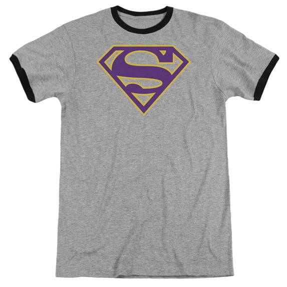 Superman Purple & Gold Shield Adult Ringer T-Shirt Heather Black