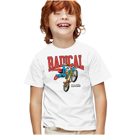 Superman Radical Biker Kids T Shirt for Youth Boys and Girls, White, X-Small