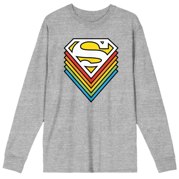 Superman Rainbow Logo Stack Crew Neck Long Sleeve Athletic Heather Adult Tee-Medium