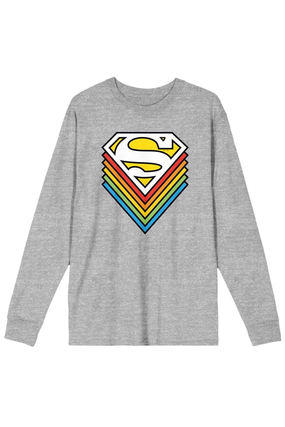 Superman Rainbow Logo Stack Crew Neck Long Sleeve Athletic Heather Adult Tee-Medium