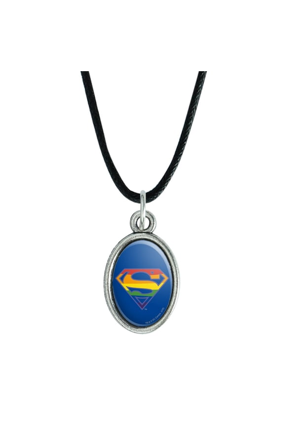 Superman Rainbow Shield Logo Antiqued Oval Charm Pendant with Black Satin Cord