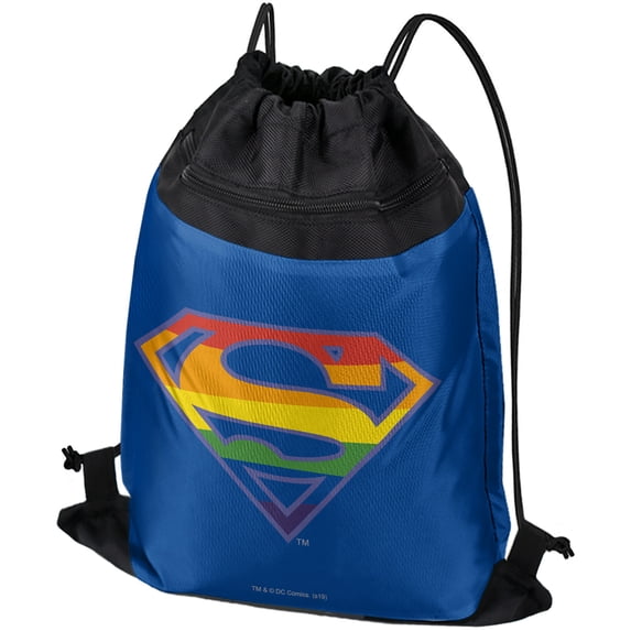 Superman Rainbow Shield Logo Drawstring Backpack Sports Bag Sackpack 17" x 13", Perfect for Gym, Yoga or Practice