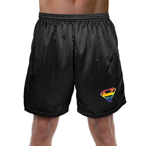 Superman Rainbow Shield Logo Mens Lined Mesh Shorts, Black, X-Large