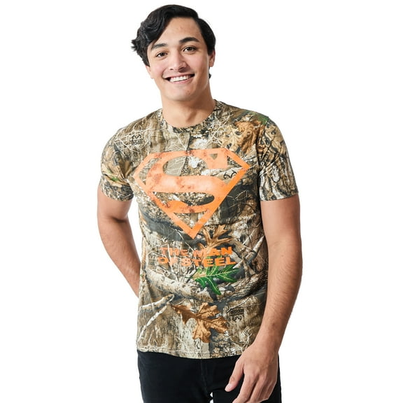 Superman Blaze Orange Logo Men's Camo Crew Neck Short Sleeve T-shirt-Medium