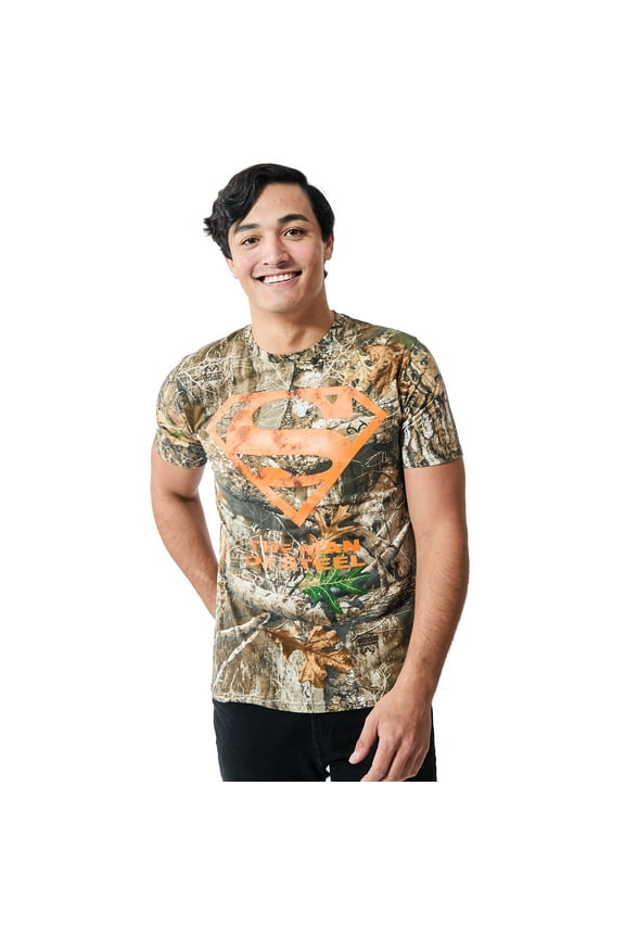 Superman Blaze Orange Logo Men's Camo Crew Neck Short Sleeve T-shirt-XL