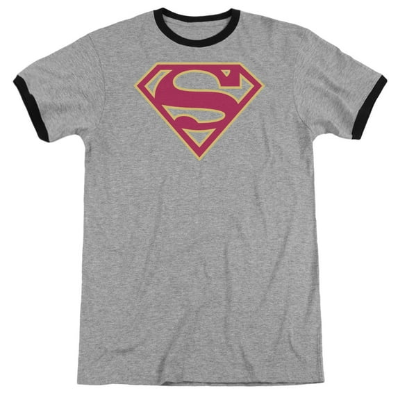 Superman Red & Gold Shield Adult Ringer T-Shirt Heather Black