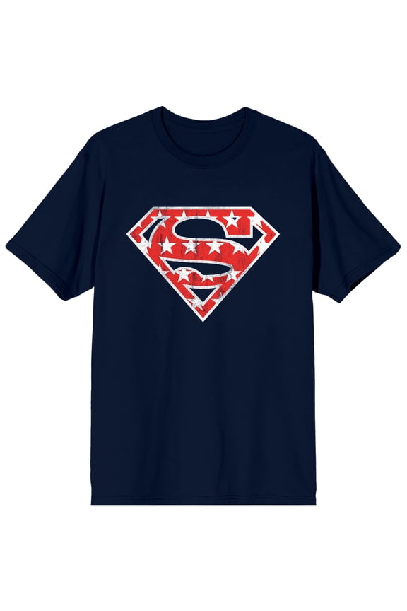 Superman Red Logo With Stars Men's Navy T-shirt-Large
