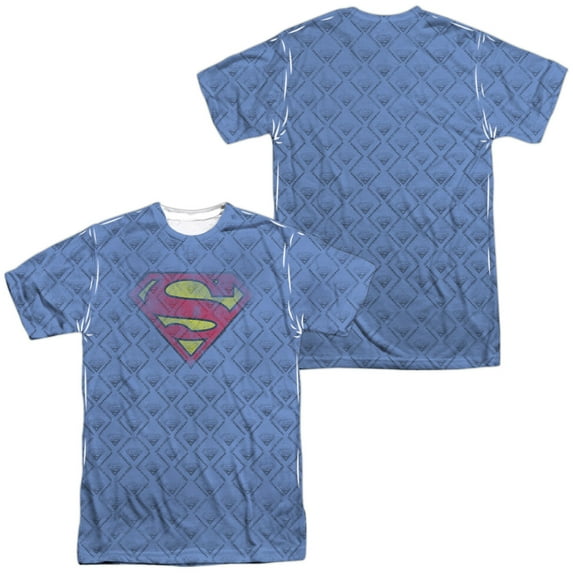 Superman Repeat Over Distressed Unisex Adult Sublimated Costume T Shirt (Front/Back), Large Multicolor