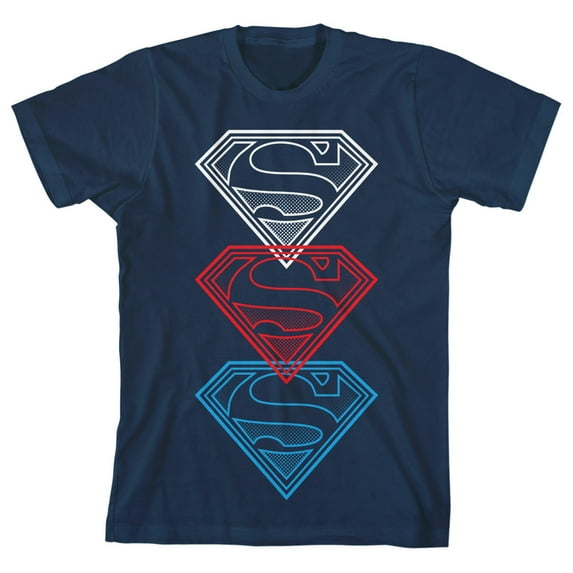 Superman Repeat Shield Logo Youth Navy Blue Graphic Tee-Large