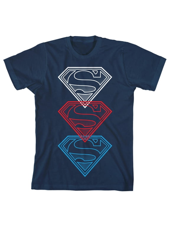 Superman Repeat Shield Logo Youth Navy Blue Graphic Tee-Medium