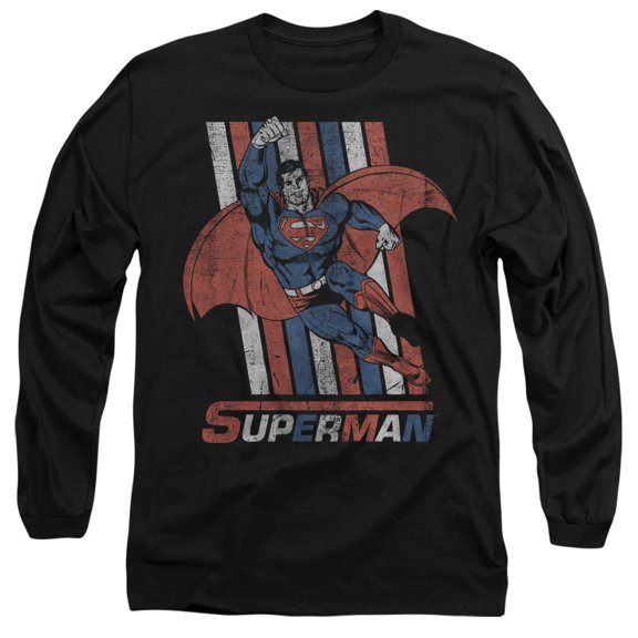 Superman Retro Stripes Unisex Adult Long-Sleeve T Shirt, Black, Large