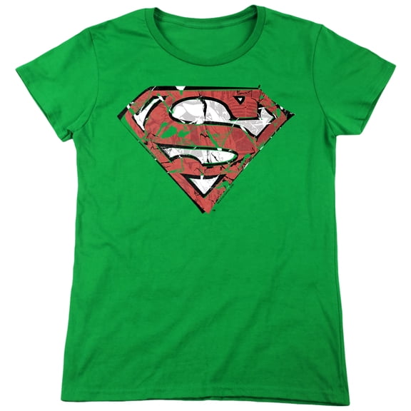 Superman Ripped and Shredded Women's T Shirt, Kelly Green, Large