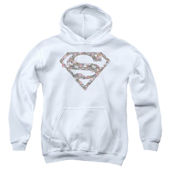 Superman Rough Floral Logo Kids Pull-Over Hoodie (Medium) for Youth Boys and Girls, White
