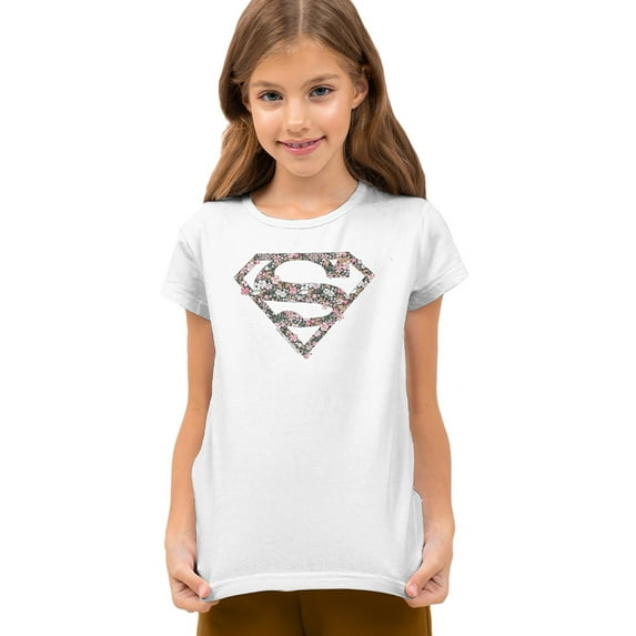 Superman Rough Floral Logo Kids T Shirt (X-Large) for Youth Toddler Boys and Girls, White