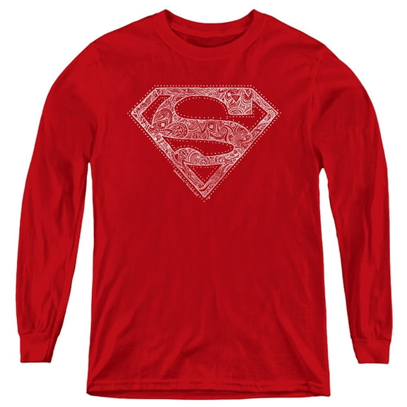 Superman Rough Paisley Logo Kids Long Sleeve T Shirt (Large) for Youth Boys and Girls, Red
