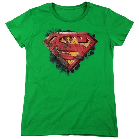 Superman Rusted Shield Women's T Shirt, Kelly Green, Medium