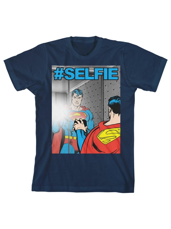 Superman Selfie Youth Boys Navy T-Shirt-Large