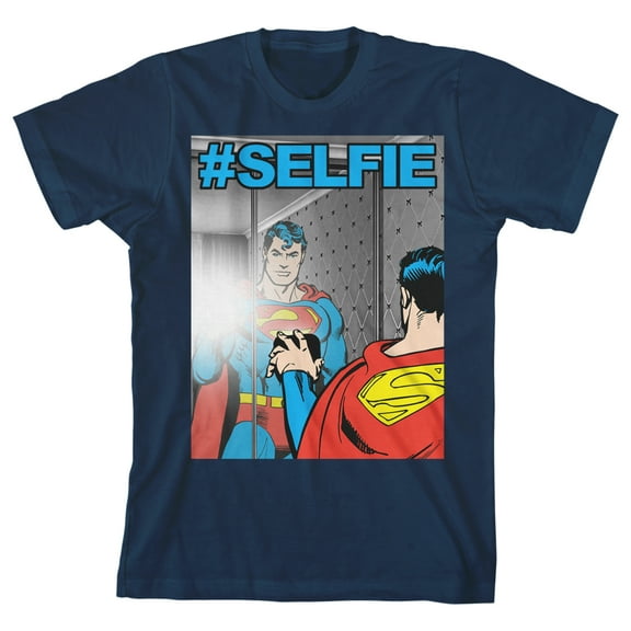 Superman Selfie Youth Boys Navy T-Shirt-Medium