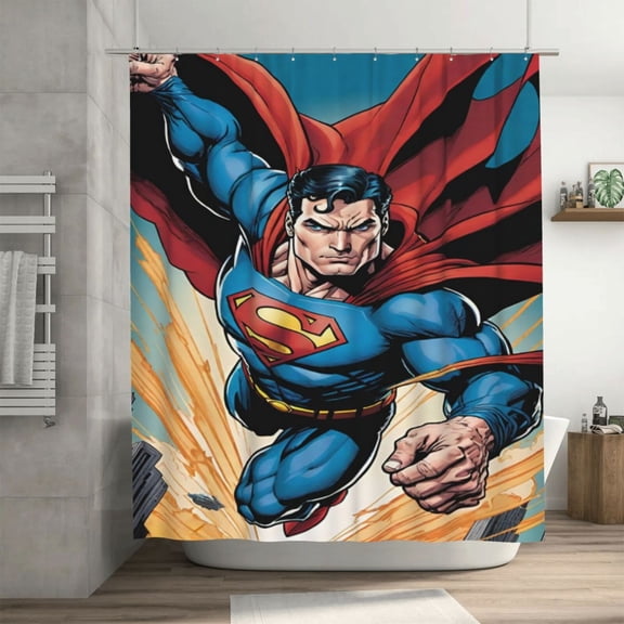 Superman Shower Curtain Cartoon Art Bath Shower Curtains with 12 Hooks, Waterproof Washable Polyester Bathroom Home Decor Set 72x72 Inch, Iron