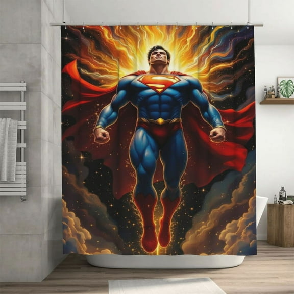 Superman Shower Curtain Cartoon Art Bath Shower Curtains with 12 Hooks, Waterproof Washable Polyester Bathroom Home Decor Set 72x72 Inch, Iron
