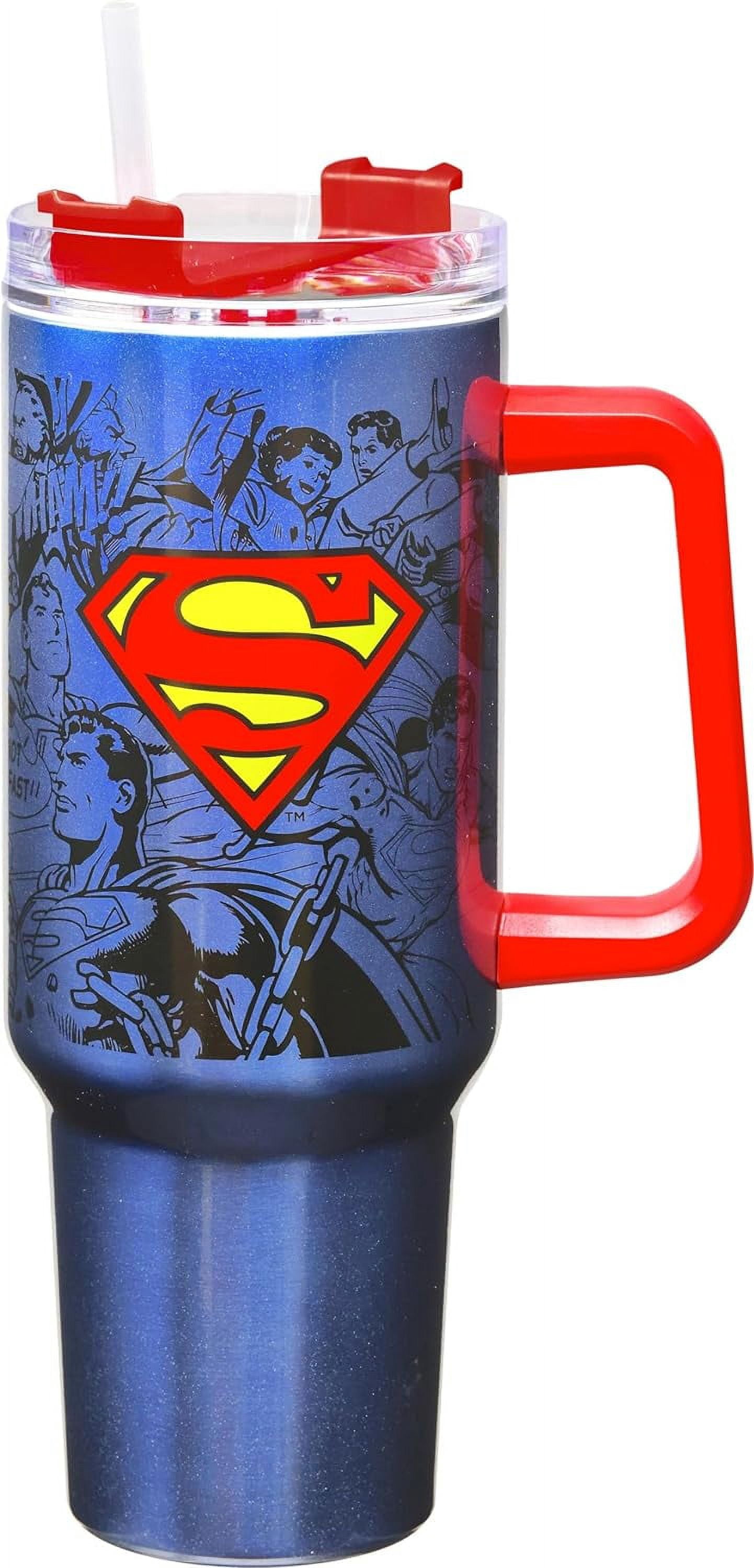 Superman Stainless Steel Double Wall Travel Mug with Straw and Handle ...