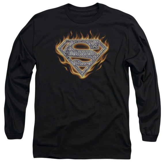 Superman Steel Fire Shield Long Sleeve Adult 18/1 T-Shirt Black