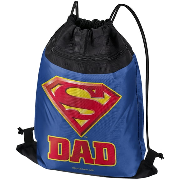 Superman Super Dad Shield Logo Drawstring Backpack Sports Bag Sackpack 17" x 13", Perfect for Gym, Yoga or Practice