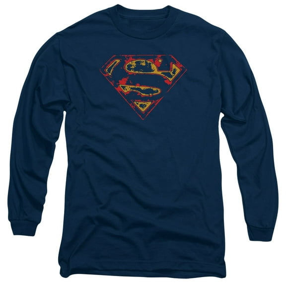 Superman Super Distressed Long Sleeve Adult 18/1 T-Shirt Navy