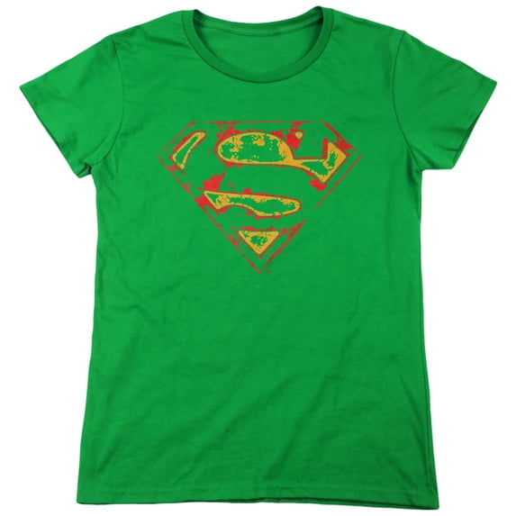 Superman Super Distressed Women's T Shirt, Kelly Green, Medium