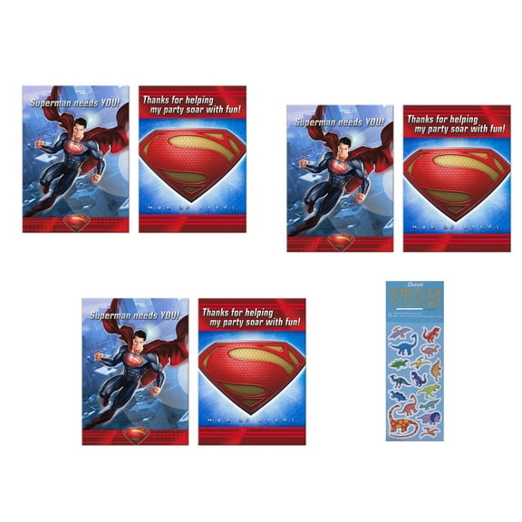Superman Super Heroes Birthday Party Supplies Bundle includes 24 Party Invitations with 24 Envelopes, 1 Dinosaur Sticker Sheet