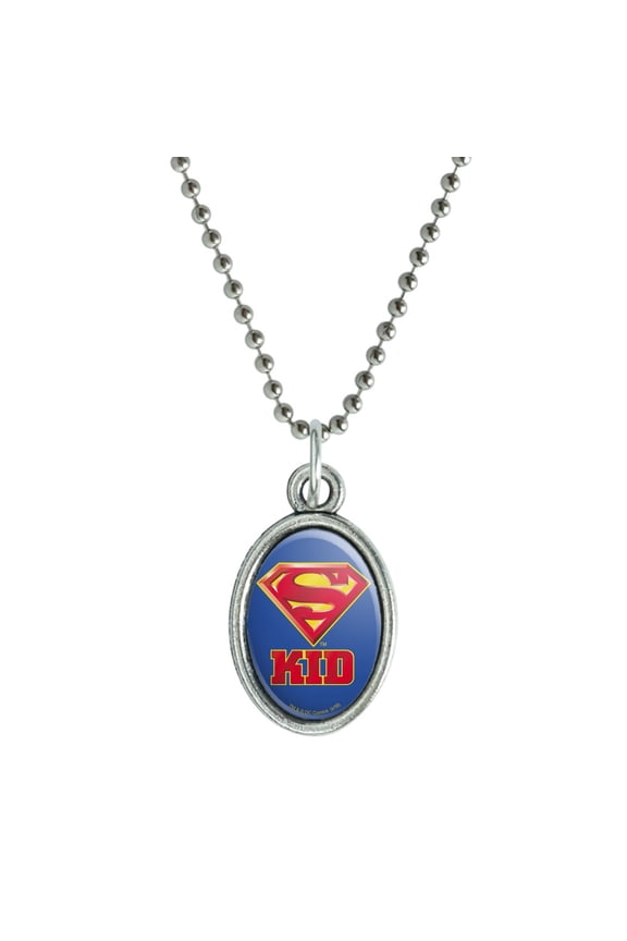 Superman Super Kid Shield Logo Antiqued Oval Charm Pendant with Chain