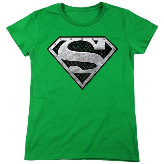 Superman Super Metallic Shield Women's T Shirt, Kelly Green, Medium