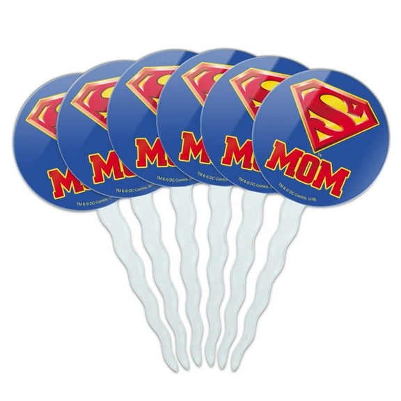 Superman Super Mom Shield Logo Cupcake Picks Toppers Decoration Set of 6