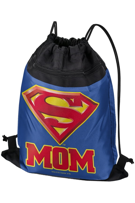 Superman Super Mom Shield Logo Drawstring Backpack Sports Bag Sackpack 17" x 13", Perfect for Gym, Yoga or Practice