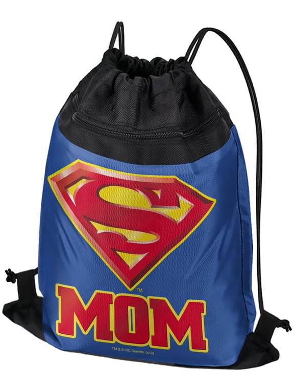 Superman Super Mom Shield Logo Drawstring Backpack Sports Bag Sackpack 17" x 13", Perfect for Gym, Yoga or Practice
