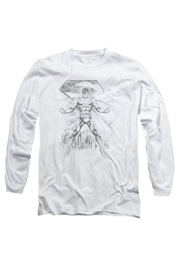Superman Super Sketch Long Sleeve Adult 18/1 T-Shirt White