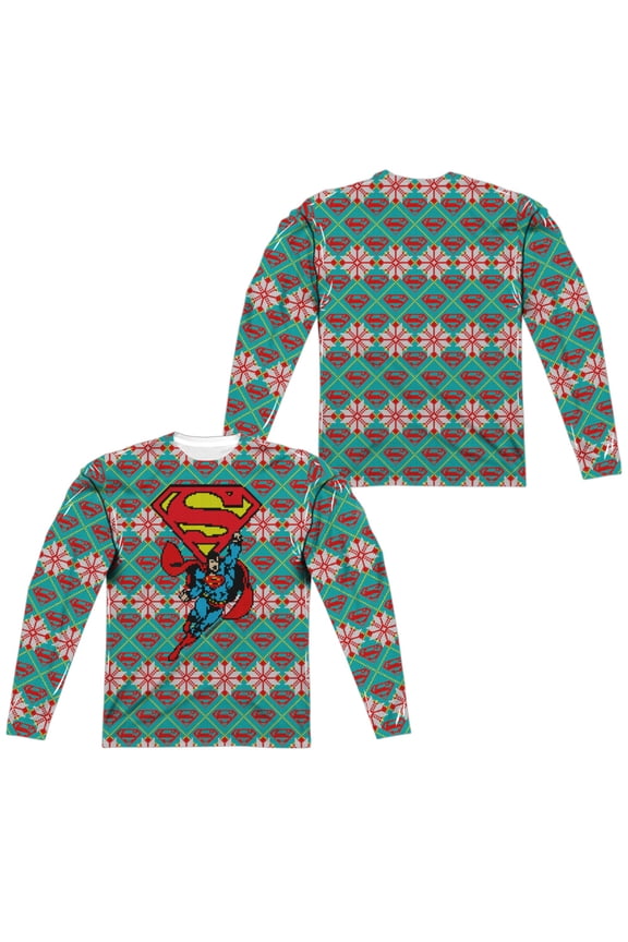 Superman Super Sweater (Front Back Print) ( Print) Mens Long Sleeve Sublimation Shirt (White, XXX-Large)
