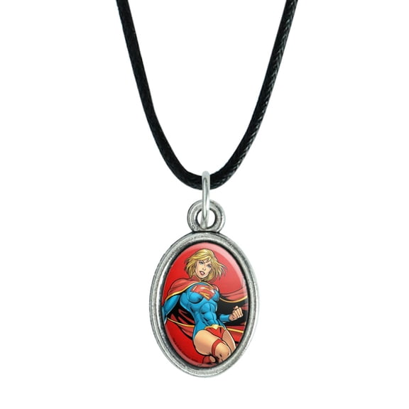 Superman Supergirl Character Antiqued Oval Charm Pendant with Black Satin Cord