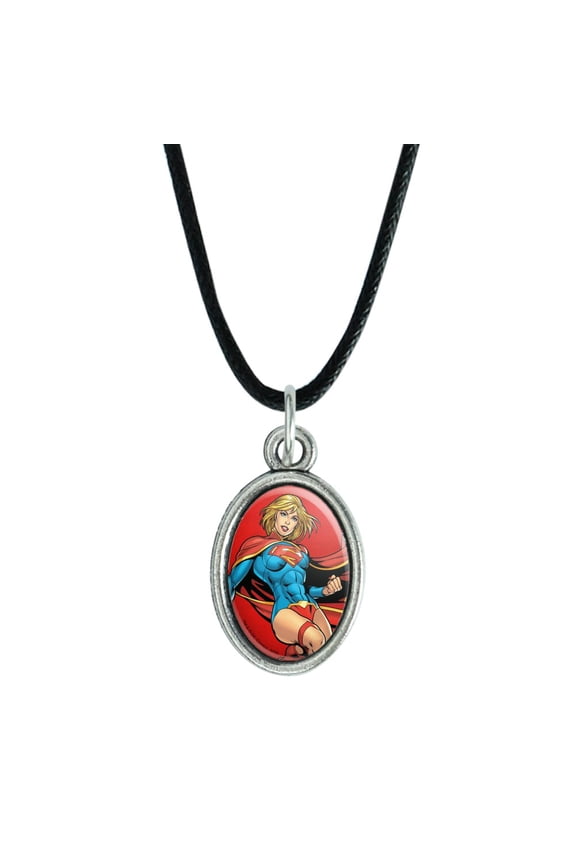Superman Supergirl Character Antiqued Oval Charm Pendant with Black Satin Cord