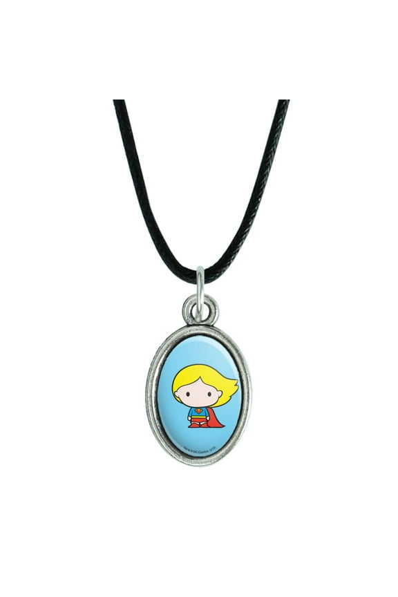 Superman Supergirl Cute Chibi Character Antiqued Oval Charm Pendant with Black Satin Cord