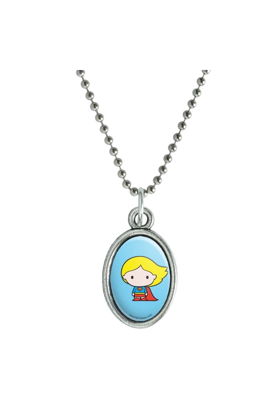 Superman Supergirl Cute Chibi Character Antiqued Oval Charm Pendant with Chain