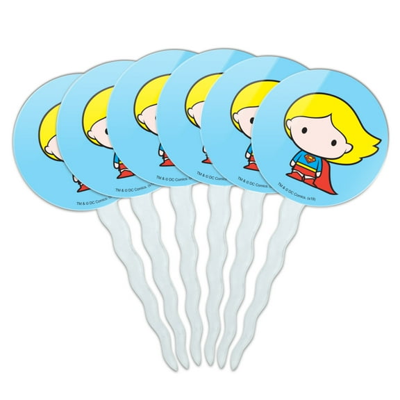 Superman Supergirl Cute Chibi Character Cupcake Picks Toppers Decoration Set of 6
